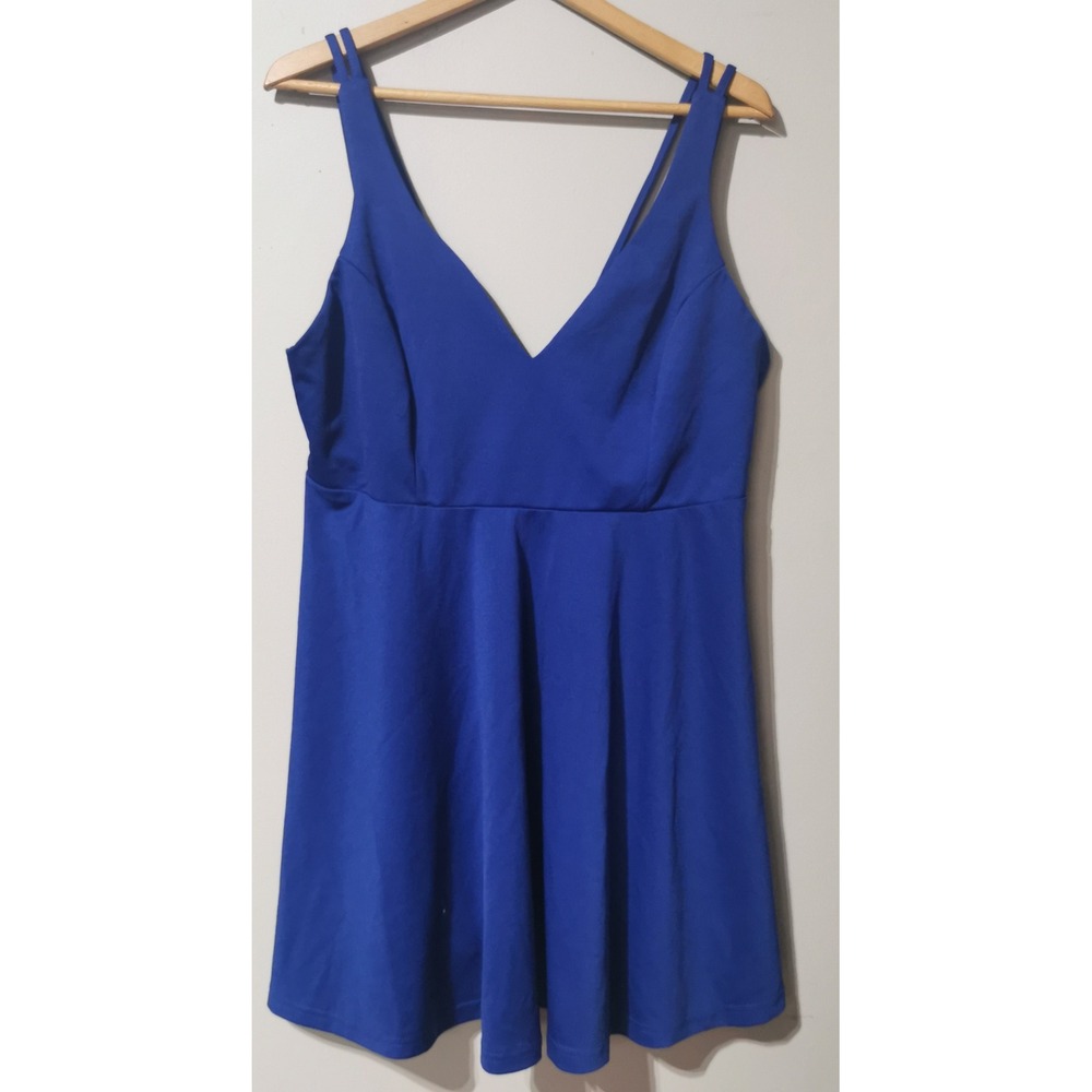 Fancyinn Royal Blue V-Neck Skater Dress Double Strap Sleeveless XL